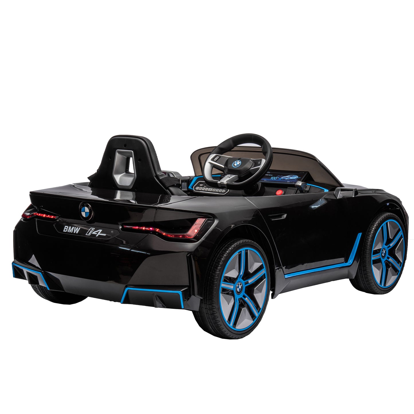 Licensed BMW I4, 12V Kids Ride On Car - 2.4G Remote Control, Electric Car for Kids - Three-Speed Adjustable, Power Display, USB, MP3, Bluetooth - LED Light, Two-Point Safety Belt, Story - Red