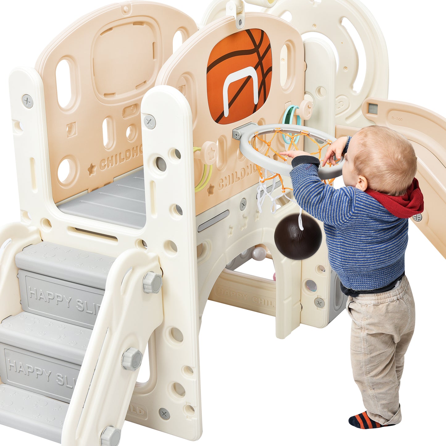 Kids Slide Playset Structure 9 in 1, Freestanding Castle Climbing Crawling Playhouse with Slide, Arch Tunnel, Ring Toss, Realistic Bus Model and Basketball Hoop, Toy Storage Organizer for Toddlers