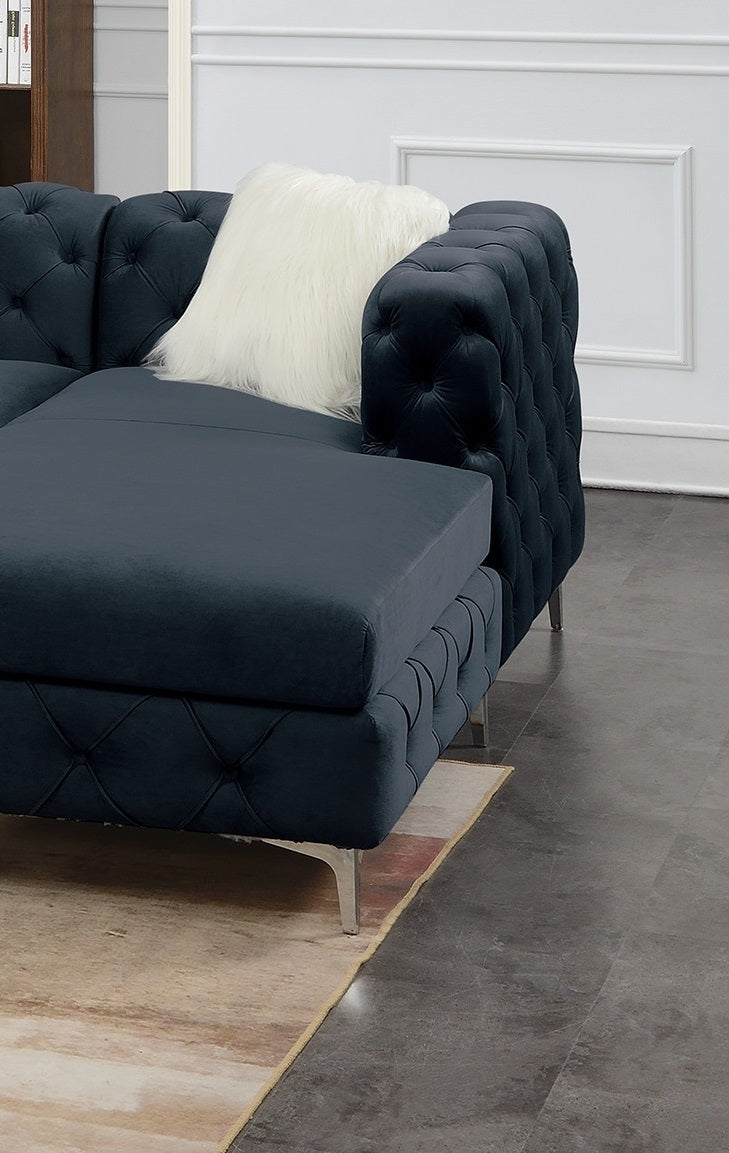 Gorgeous Living Room U-Sectional Black Velvet Tufted Cushion Couch with LAF and RAF Chaise and Armless Loveseat