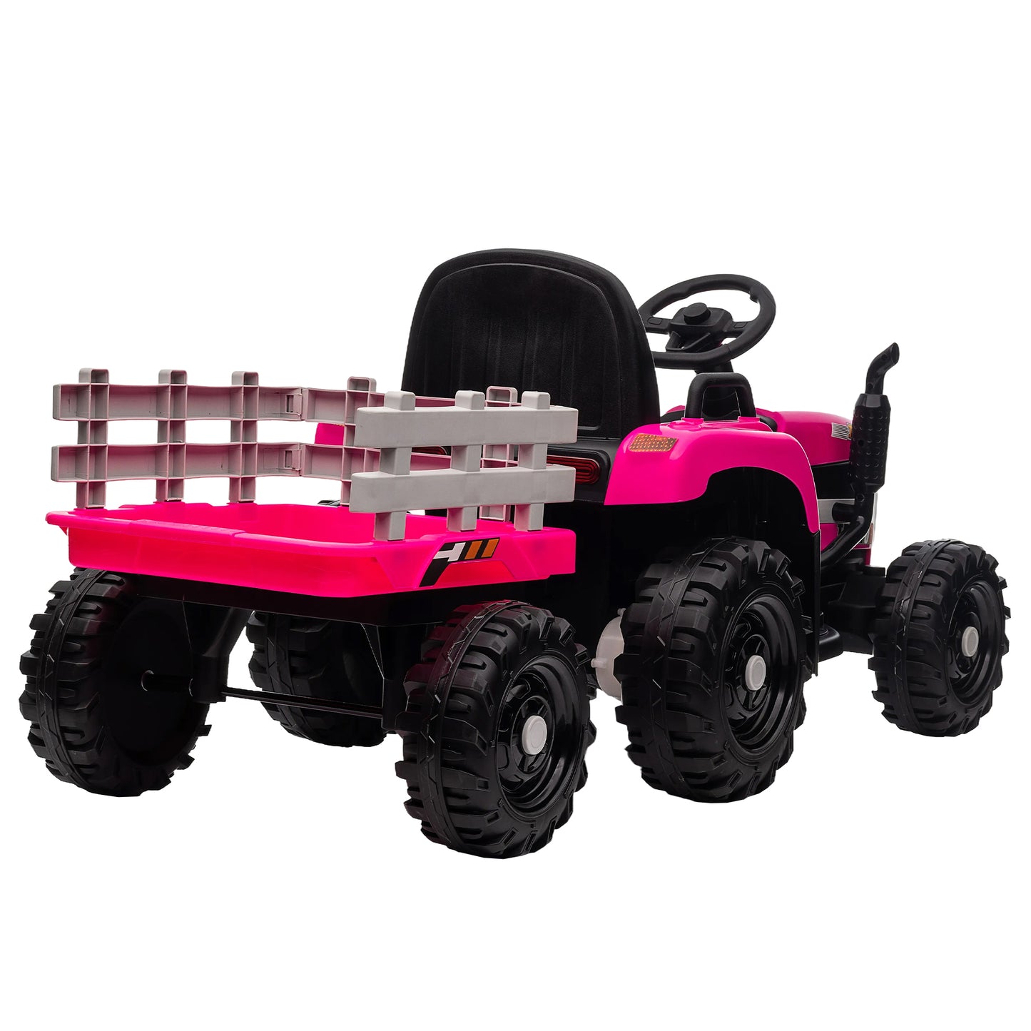 12V Battery Powered Electric Tractor Toy w/Remote, Three Speeds, Power Display, USB, MP3, Bluetooth, LED Light, Safety Belt, Ride on Tractor with Trailer