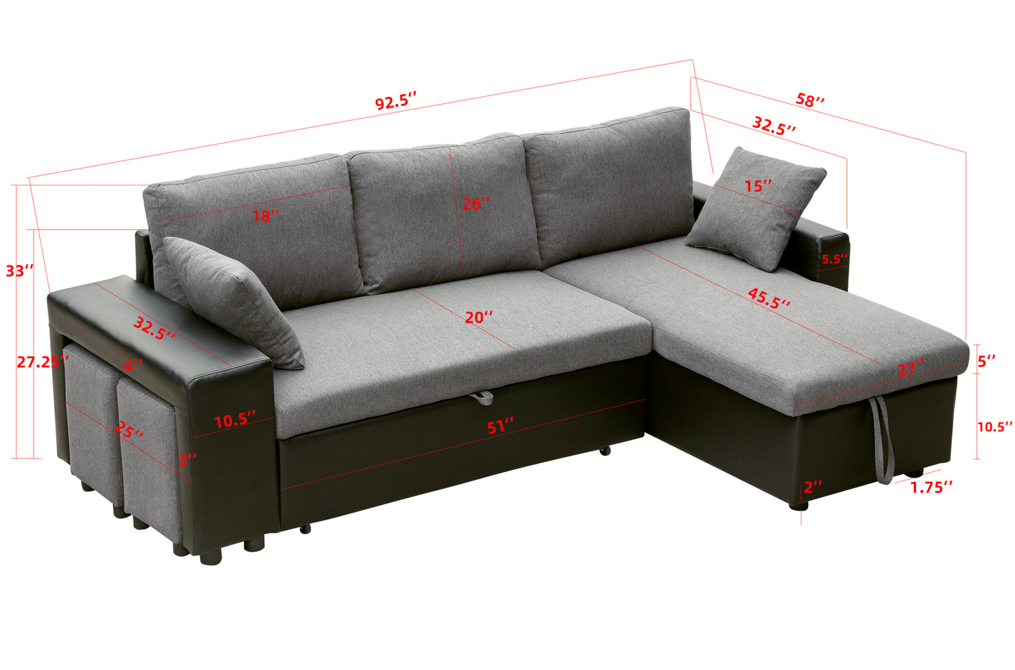 Linen Reversible Sleeper Sectional Sofa with Storage: Artemax 92.5" - Steel Gray, Includes 2 Stools