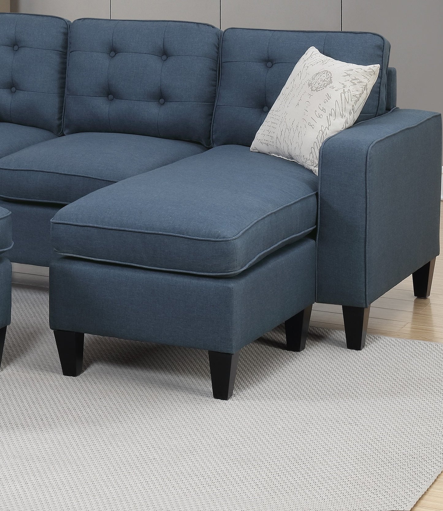 Reversible Navy Tufted 3pc Sectional Sofa Set with Wood Legs, Chaise, Ottoman, Pillows, and Cushion Couch