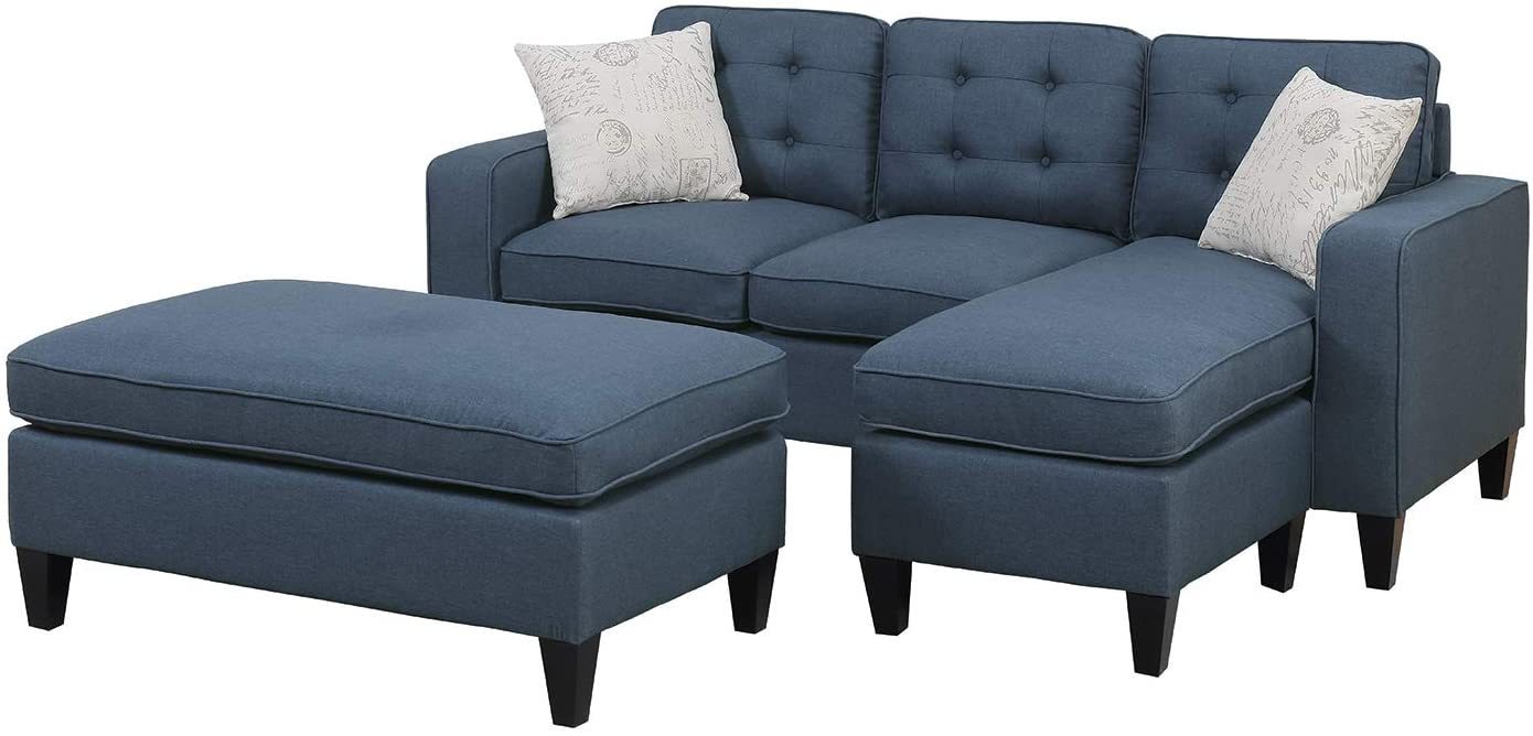 Reversible Navy Tufted 3pc Sectional Sofa Set with Wood Legs, Chaise, Ottoman, Pillows, and Cushion Couch