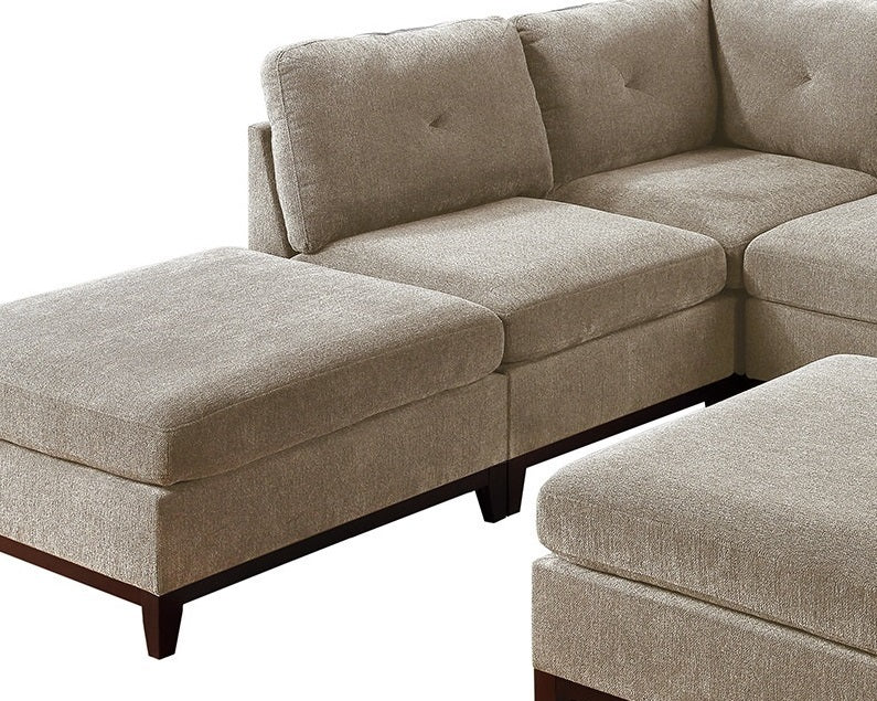 Camel Chenille Fabric Modular Sectional 7pc Set: L-Sectional Couch, Corner Wedge, Armless Chairs, and Ottomans with Tufted Back and Exposed Wooden Base - Living Room Furniture