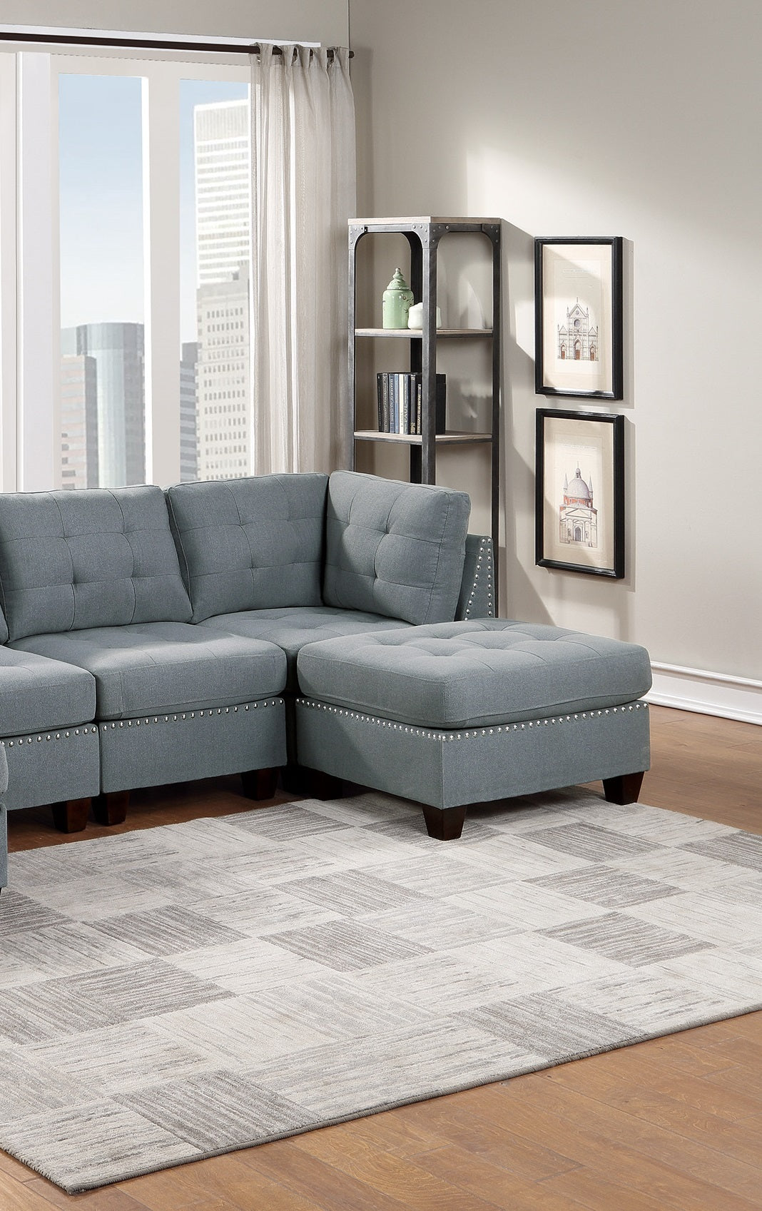 Modular Sectional 6pc Set Living Room Furniture - U-Sectional Tufted Nail Heads Couch in Gray Linen-Like Fabric with 2x Corner Wedge, 2x Armless Chairs, and 2x Ottomans