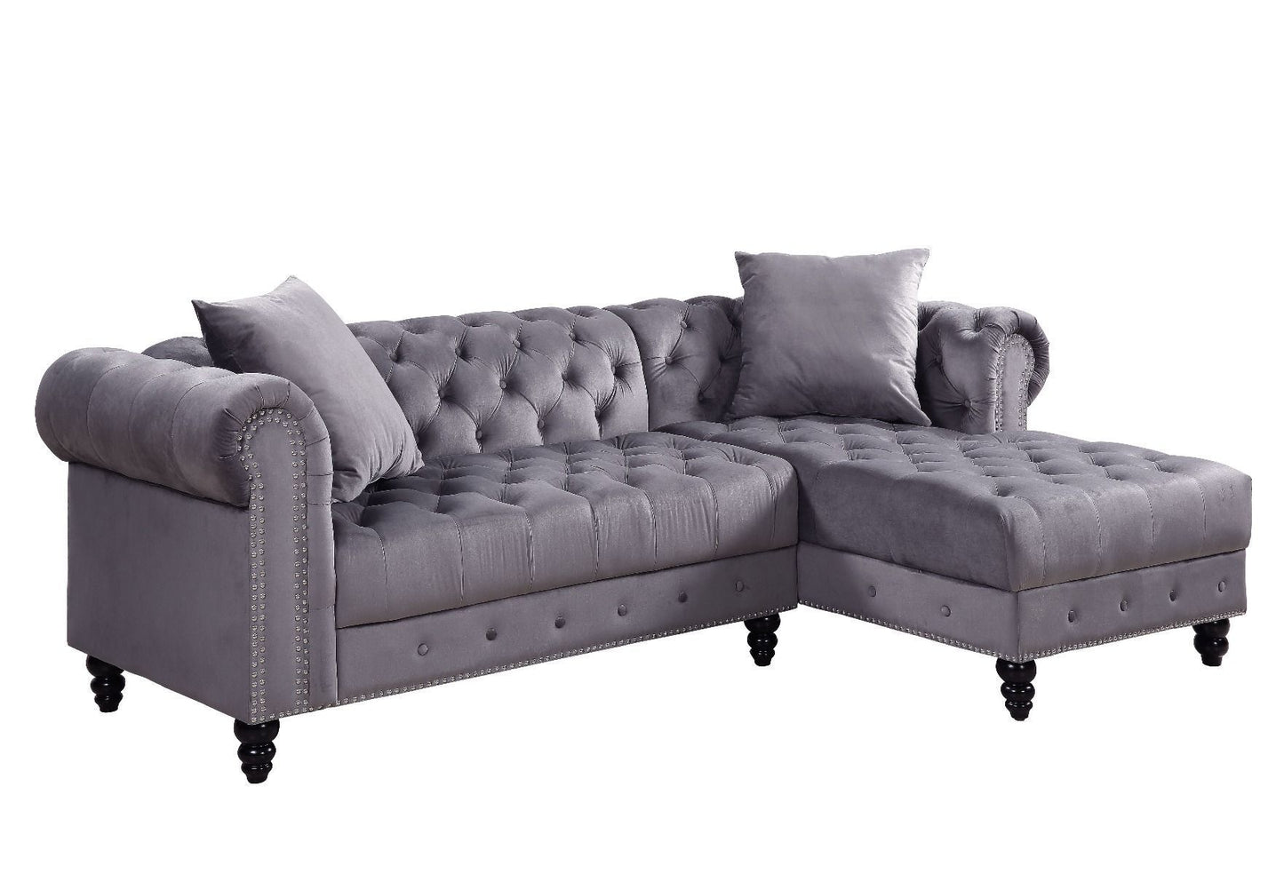 Adnelis Sectional Sofa w/2 Pillows, Gray Velvet - Sleek and Comfortable Seating Solution for Your Living Space