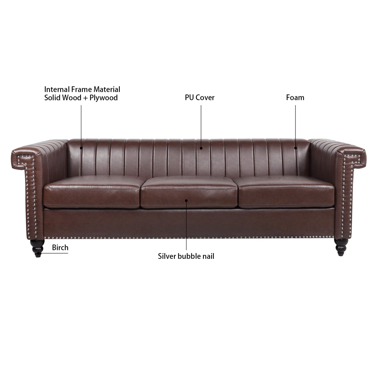 83.66" Traditional Square Arm Removable Cushion 3 Seater Sofa: Classic Style, Generous Width, Various Color Options