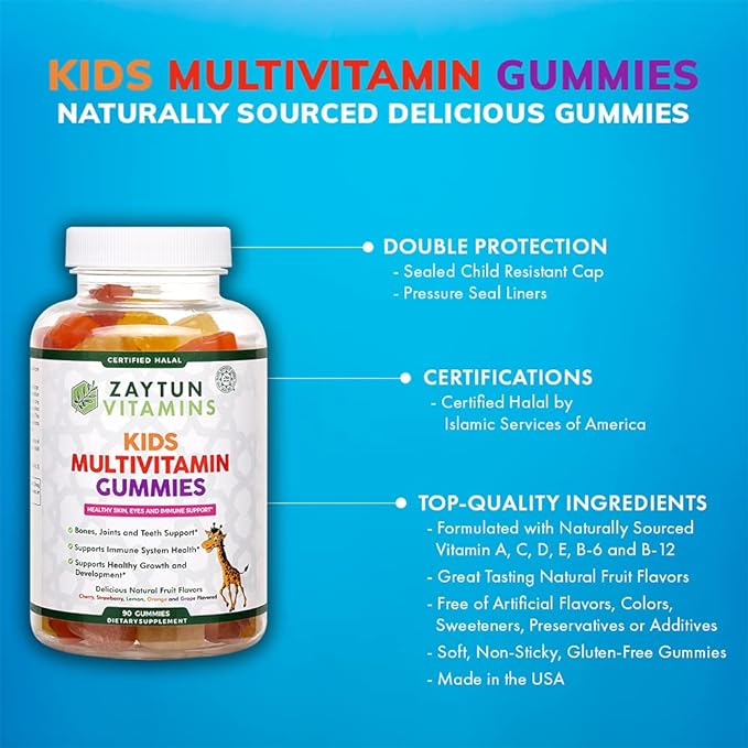 Zaytun Halal Kids Multivitamin Gummies | Natural Vitamins A, C, D, E, B6, B12, Biotin | Vegetarian, No Gelatin, No Gluten, No Dairy | Non-GMO | 90 Fruit Flavored Gummies