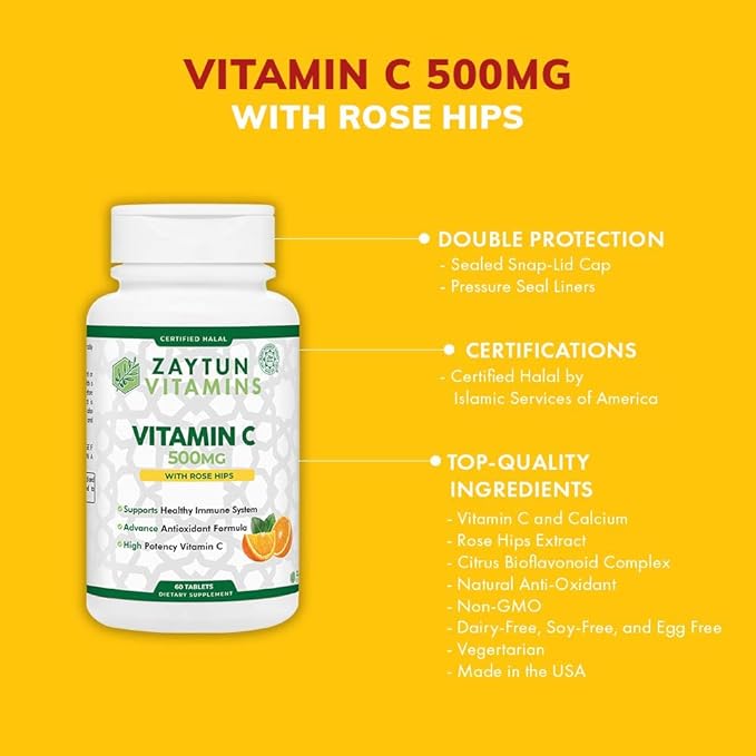 Zaytun Halal Vitamin C 500mg Tablets with Rose Hips - Immune Support, Natural Antioxidant with Bioflavonoids - Vegan, Gluten-Free - 2 Months Supply - Color & Size