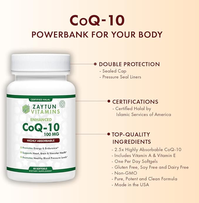 Zaytun Vitamins CoQ10: Heart Health Support, Gluten Free, Energy Production - 60 Mini Softgels