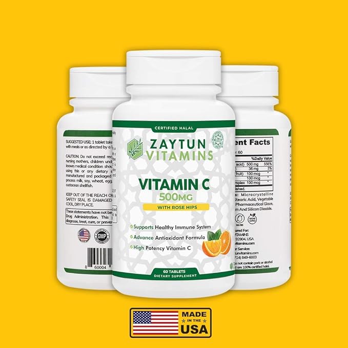 Zaytun Halal Vitamin C 500mg Tablets with Rose Hips - Immune Support, Natural Antioxidant with Bioflavonoids - Vegan, Gluten-Free - 2 Months Supply - Color & Size