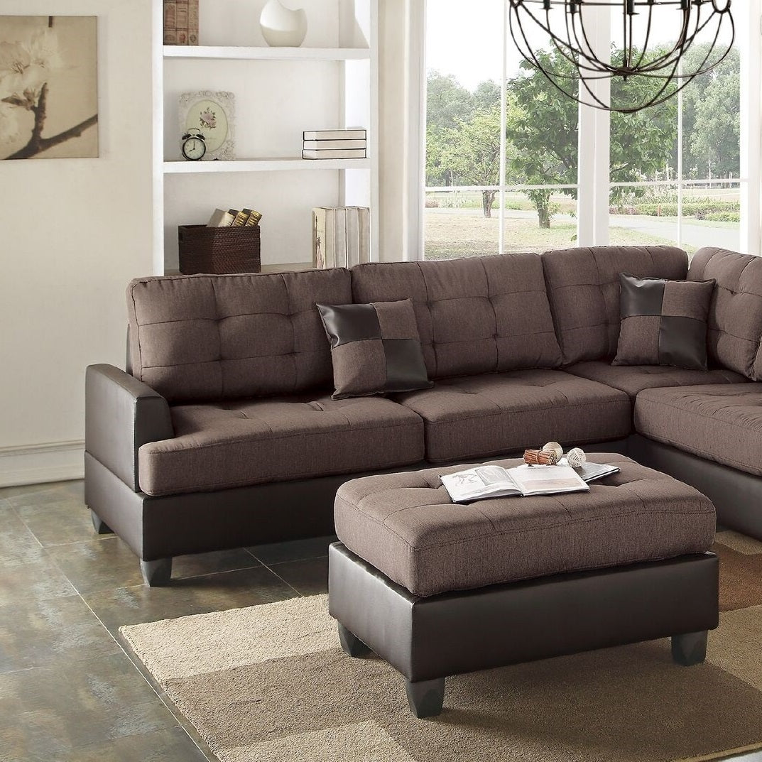 Sectional Sofa Chocolate Polyfiber Cushion Tufted Reversible 3pc Sectional Sofa, Chaise Ottoman Living Room Furniture