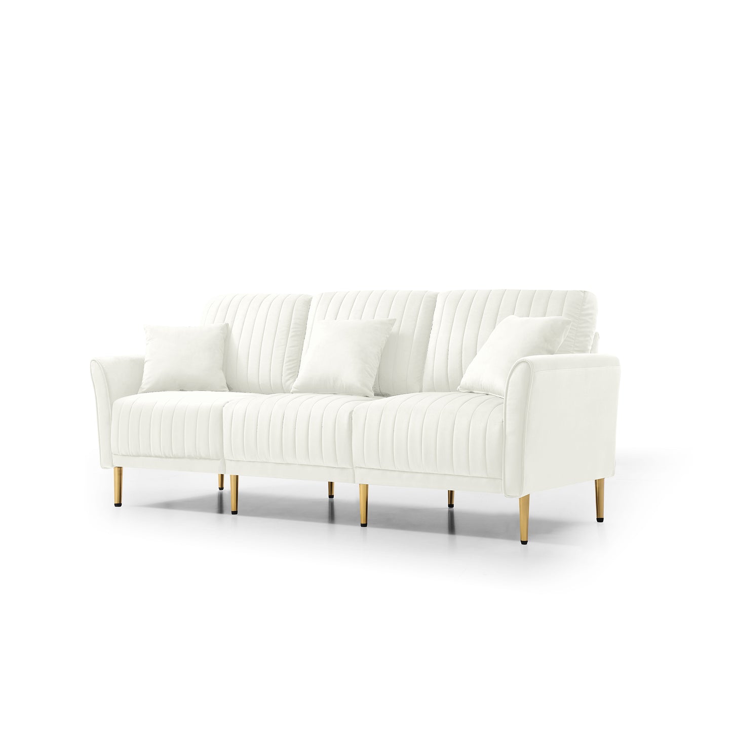 Contemporary Velvet Upholstered 3 Seater Sofa with Deep Channel Tufting and Gold Metal Legs, Cream: Luxurious Cream Velvet Sofa with Deep Tufting and Gold Metal Legs for Elegant Living Spaces