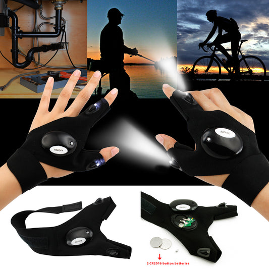 Oct17 LED Flashlight Cycling Gloves, 2 LED Flashlight Torch Magic Strap Glove, for Repairing and Working, Outdoor Activities, Rescue, Sporting, Fishing, Camping, Hiking, Handy Mechanic Tool