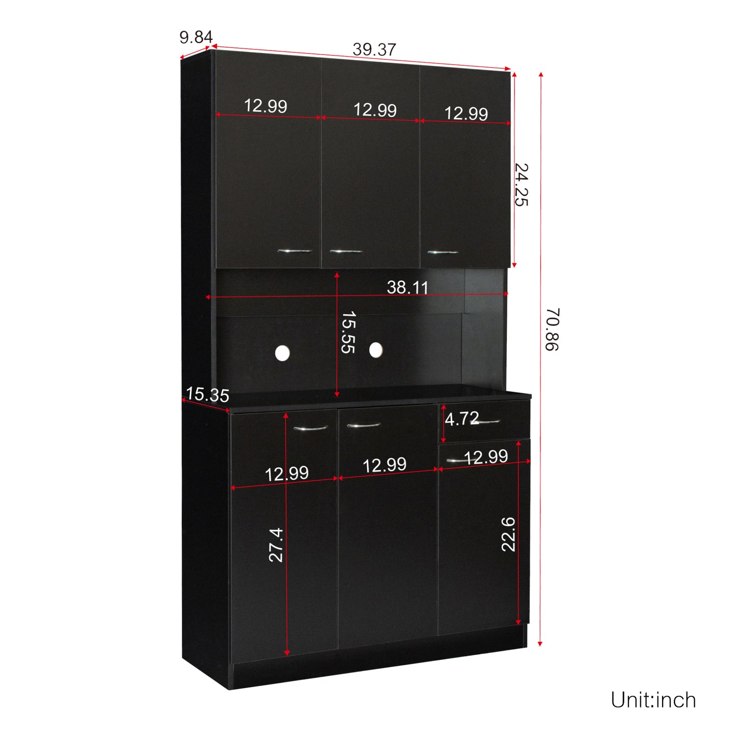 70.87" Tall Wardrobe& Kitchen Cabinet, with 6-Doors, 1-Open Shelves and 1-Drawer for bedroom,Black