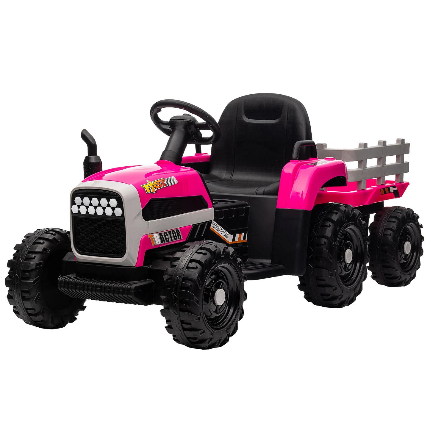 12V Battery Powered Electric Tractor Toy w/Remote, Three Speeds, Power Display, USB, MP3, Bluetooth, LED Light, Safety Belt, Ride on Tractor with Trailer