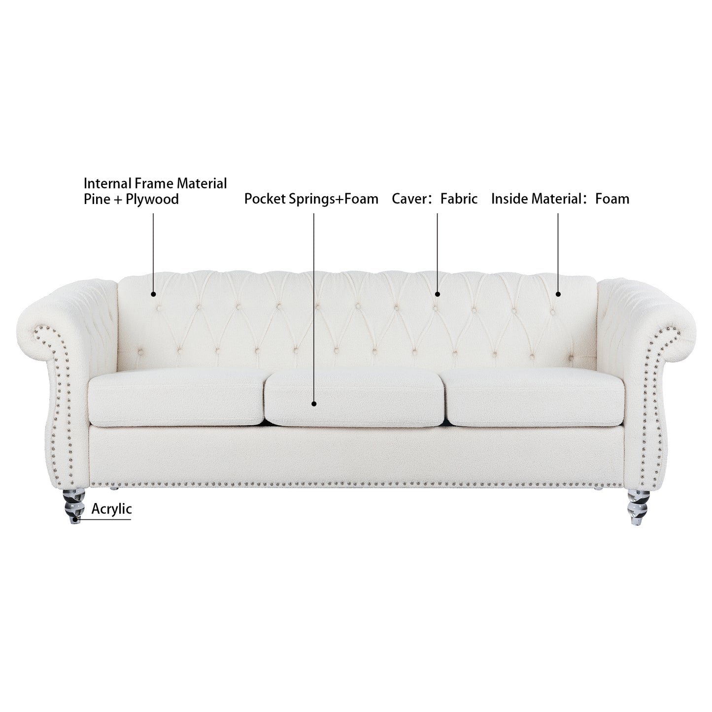 84.65" Rolled Arm Chesterfield 3 Seater Sofa - Classic Design, Plush Comfort, Multiple Color Options