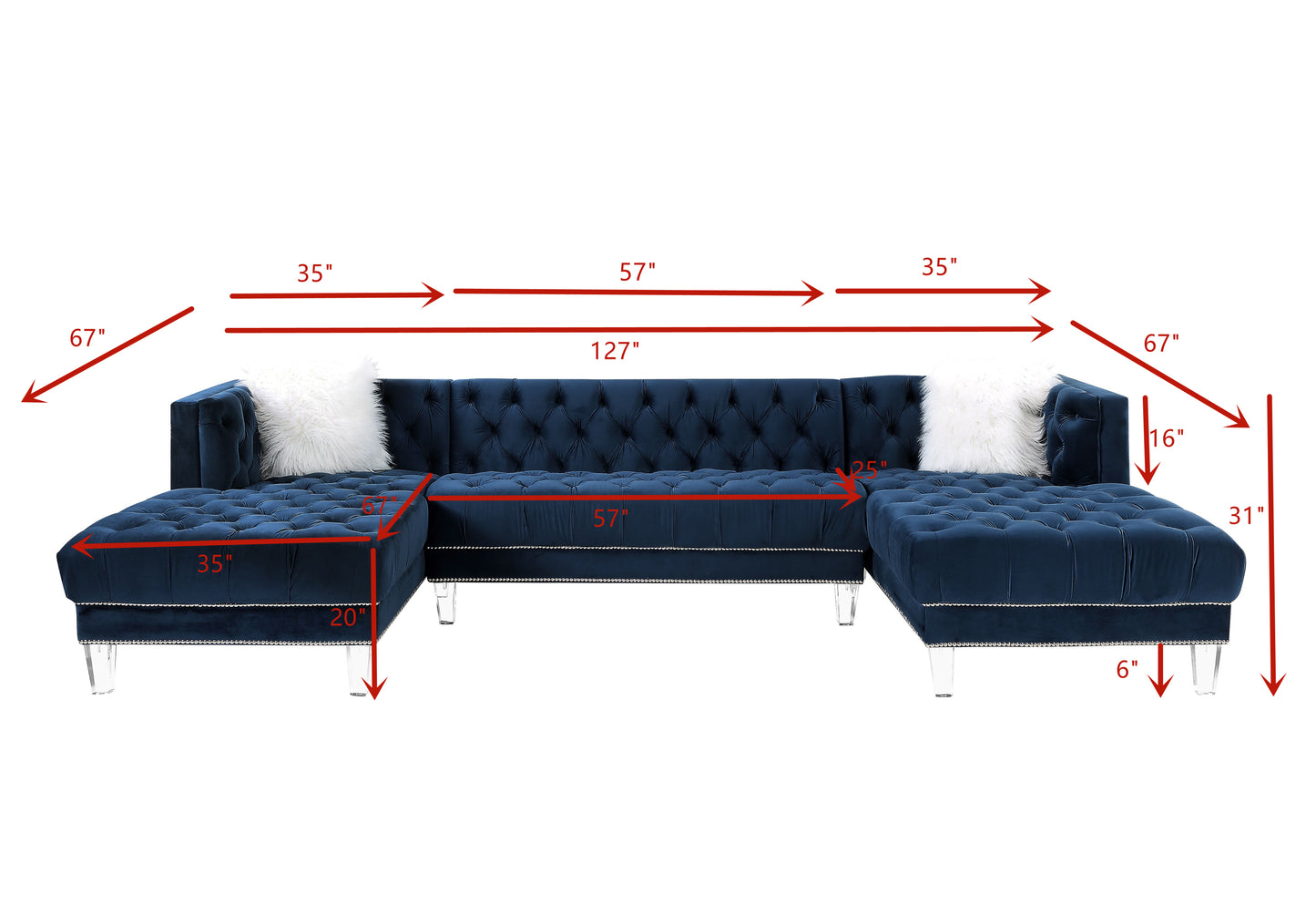 ACME Ezamia Sectional Sofa: Navy Blue Velvet, 2 Pillows, Modern Design