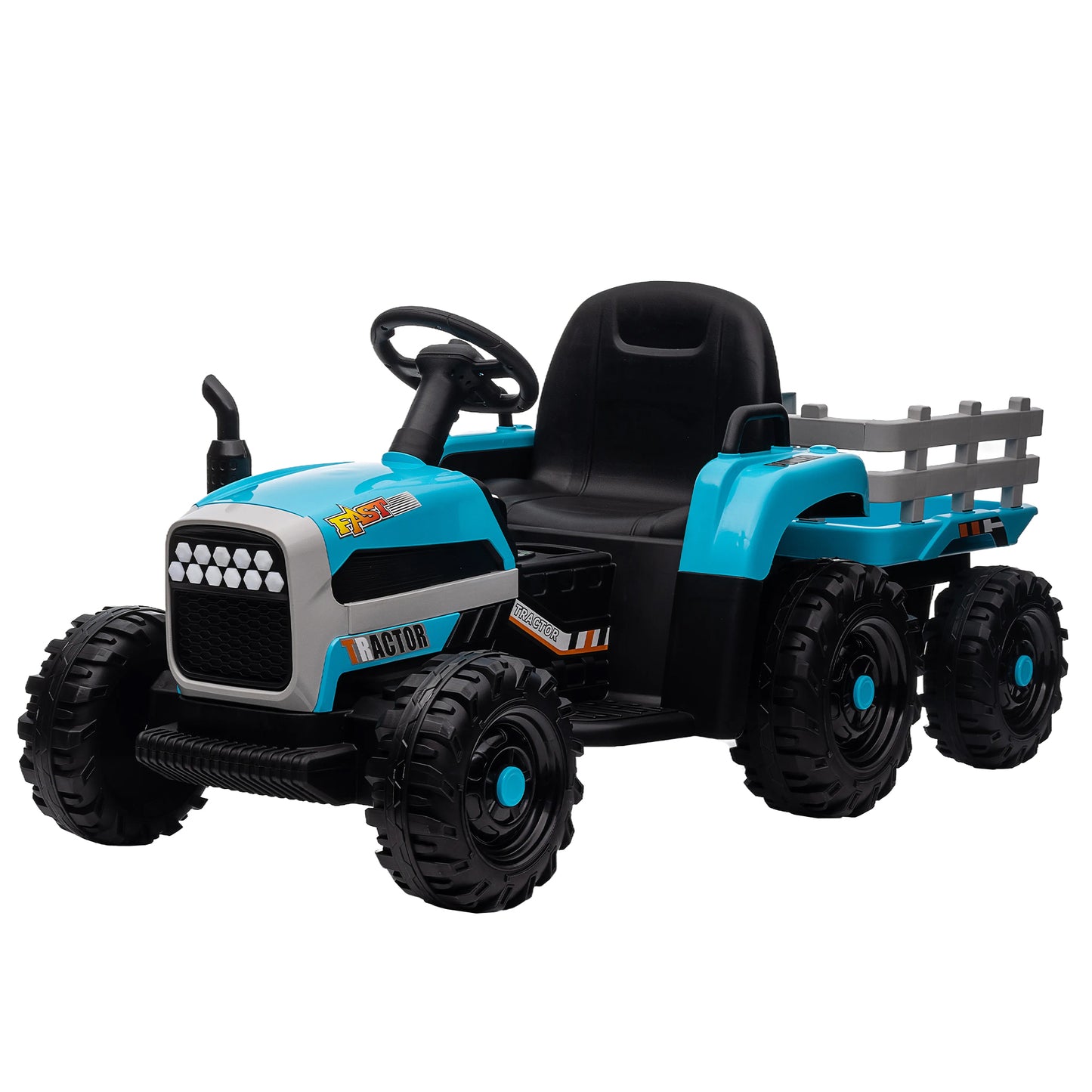 12V Battery Powered Ride on Tractor with Trailer for Kids | Remote Control | 3-Speed Adjustable | Power Display | USB, MP3, Bluetooth | LED Light | Two-Point Safety Belt | Blue