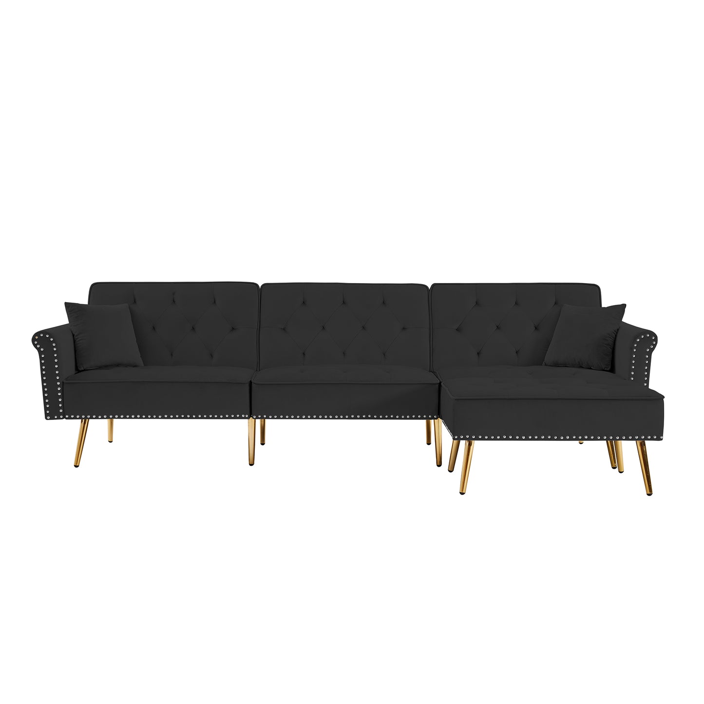 Modern Velvet Upholstered Reversible Sectional Sofa Bed: L-Shaped Couch with Movable Ottoman, Nailhead Trim for Living Room - Black