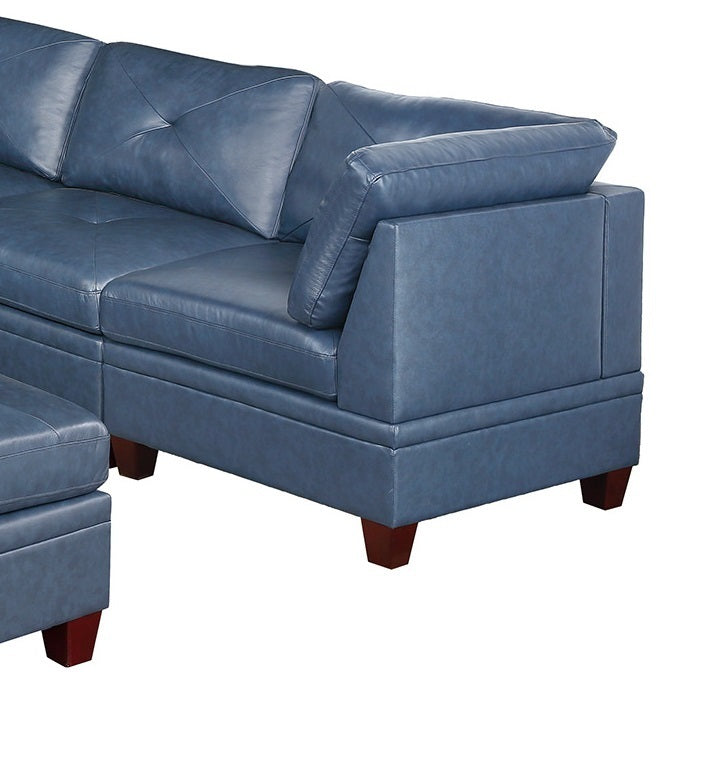 Genuine Leather Ink Blue Tufted 6pc Sectional Set - Corner Wedge & Armless Chair - Living Room Furniture Sofa Couch