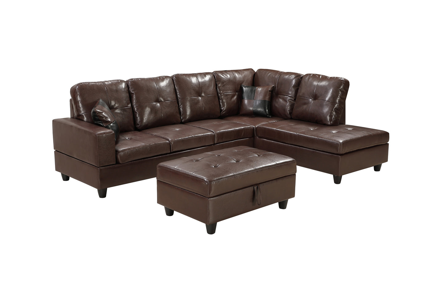 3 PC Sectional Sofa Set, Faux Leather Left-Facing Chaise with Storage Ottoman - Brown Color, Comfortable and Spacious