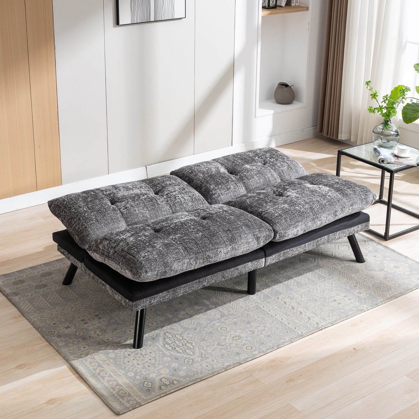 Convertible Sofa Bed Loveseat Futon Bed with Adjustable Lounge Couch, Metal Legs - Chenille-Grey - Breathable, Compact Size for Small Living Spaces