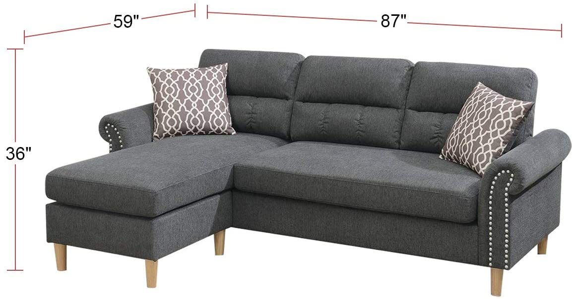 Slate Color Polyfiber Reversible Sectional Sofa Set with Chaise, Pillows, Plush Cushion, and Nailheads - Comfortable and Stylish Couch for Your Living Space