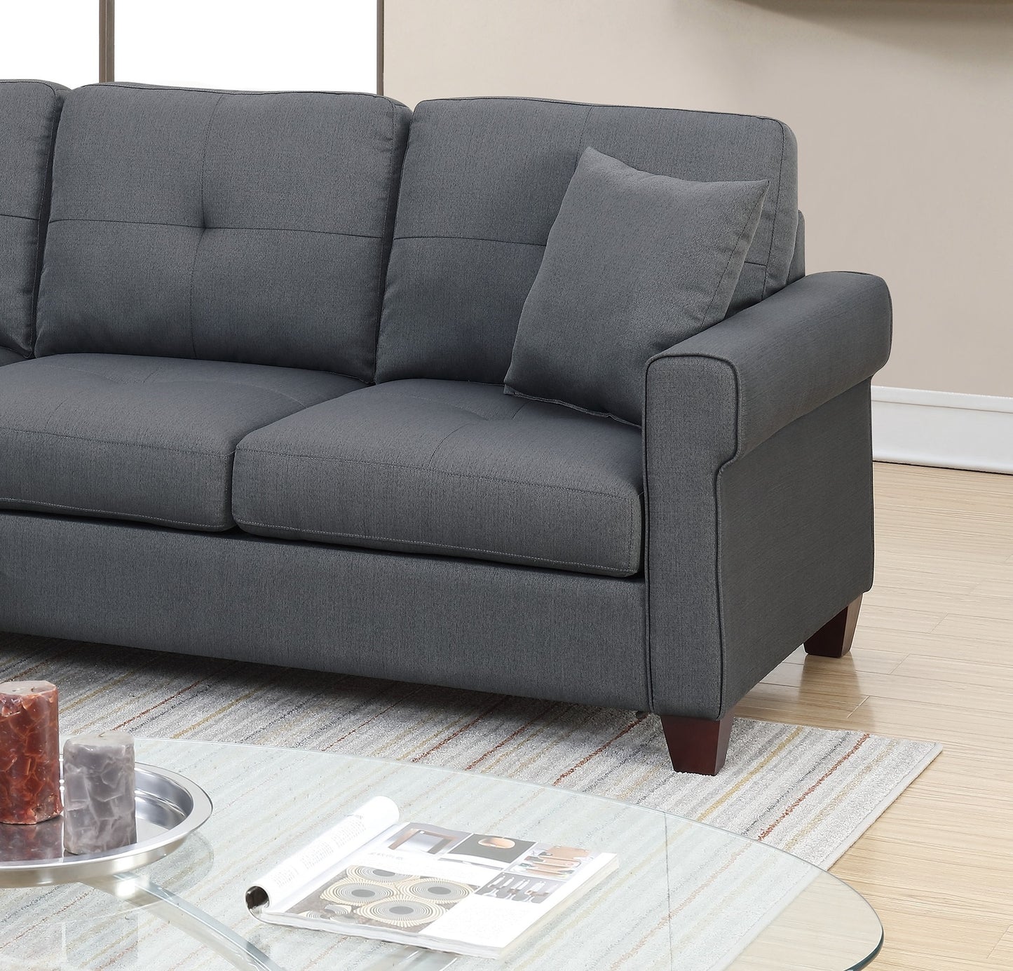 Charcoal Glossy Polyfiber Tufted Cushion Sectional Sofa Chaise: Reversible, Living Room Furniture, Size Options