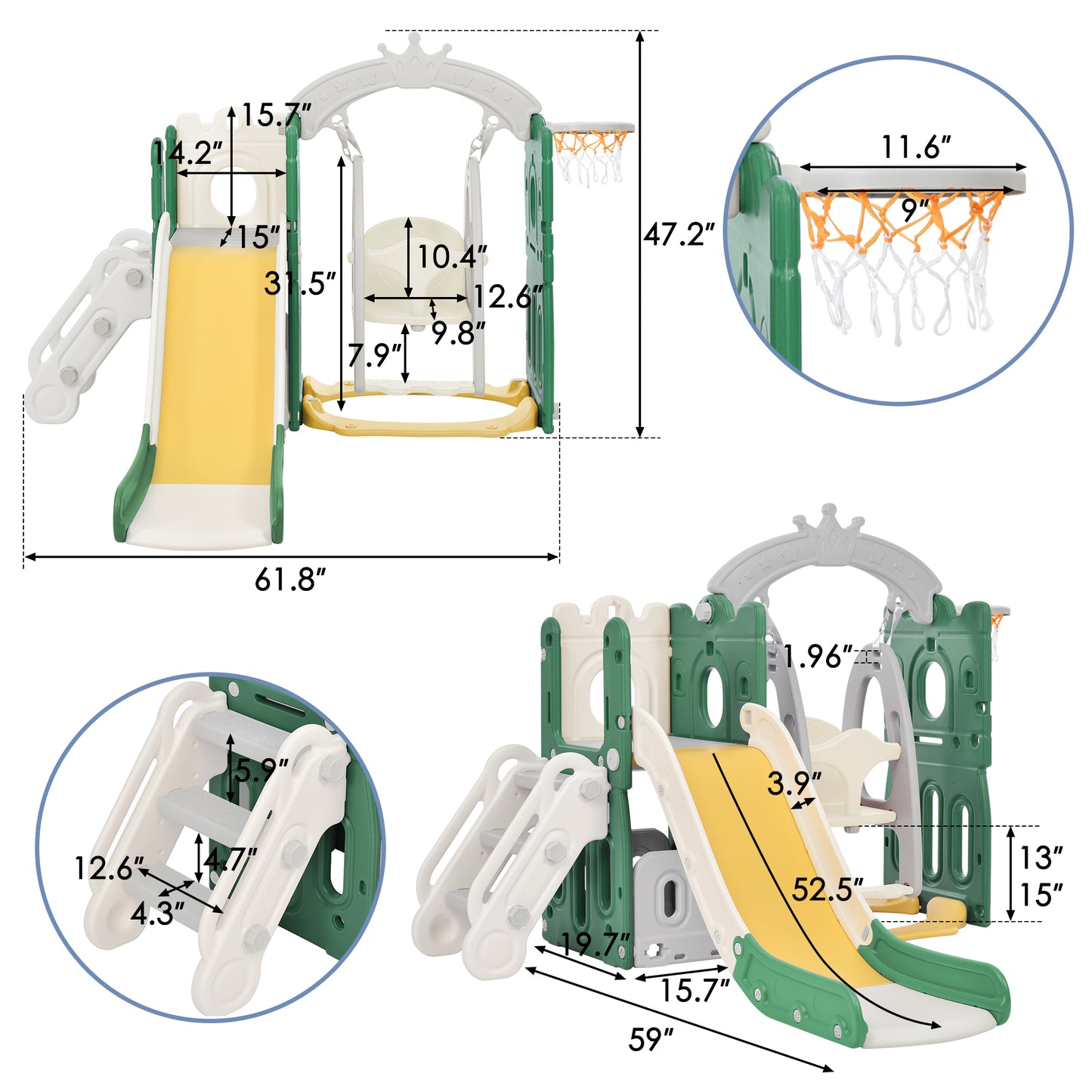 Toddler Slide and Swing Set 5 in 1: Kids Playground Climber Slide Playset with Basketball Hoop - Freestanding Combination for Indoor & Outdoor Fun - Blue & Green - Perfect for Babies and Toddlers