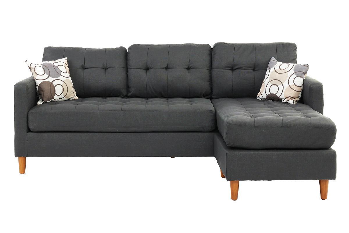 Blue Grey Polyfiber Sectional Sofa: Reversible Chaise, Tufted Back, Modular.