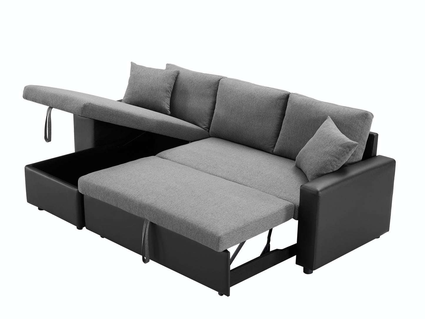 Linen Reversible Sleeper Sectional Sofa with Storage: Artemax 92.5" - Steel Gray, Includes 2 Stools