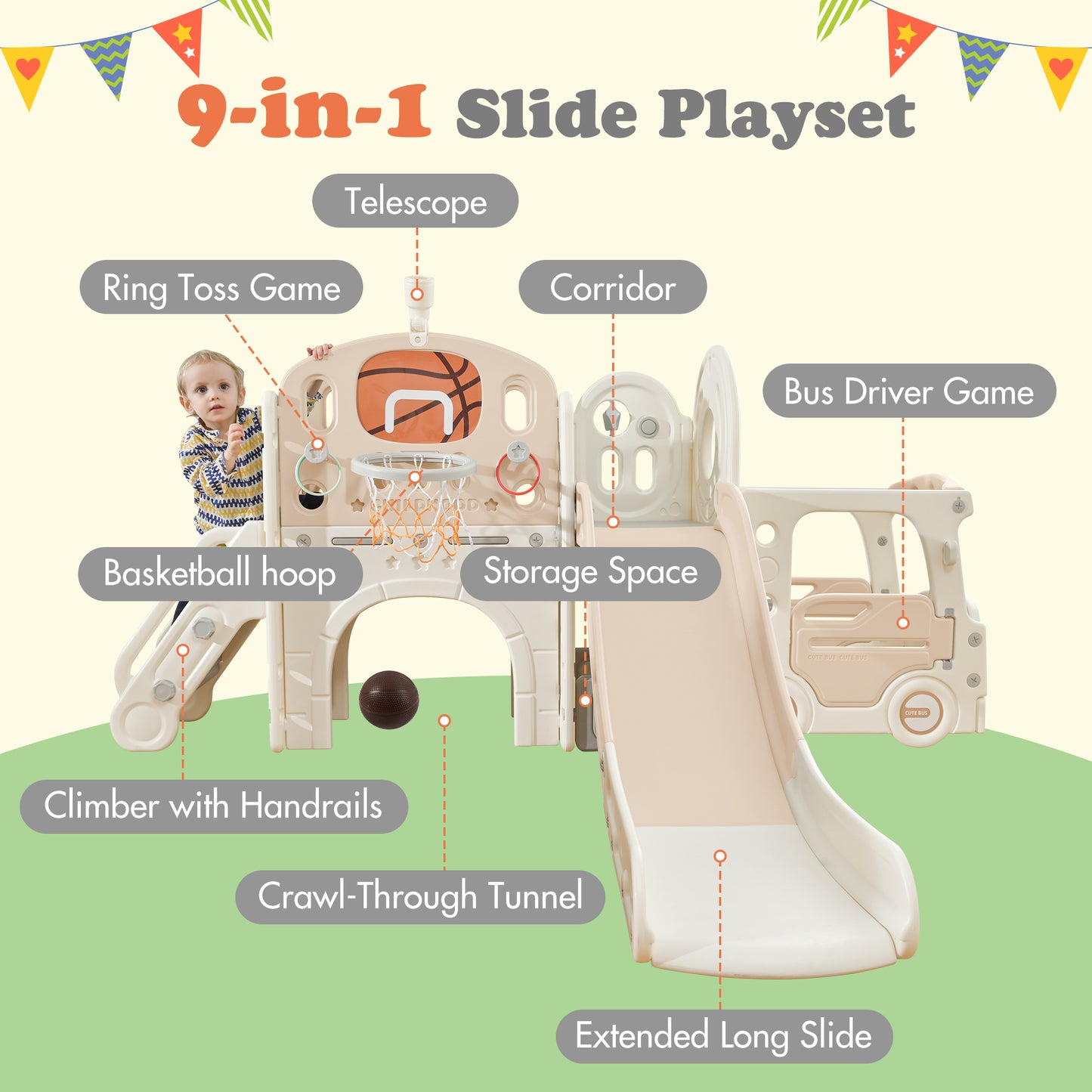 Kids Slide Playset Structure 9 in 1, Freestanding Castle Climbing Crawling Playhouse with Slide, Arch Tunnel, Ring Toss, Realistic Bus Model and Basketball Hoop, Toy Storage Organizer for Toddlers