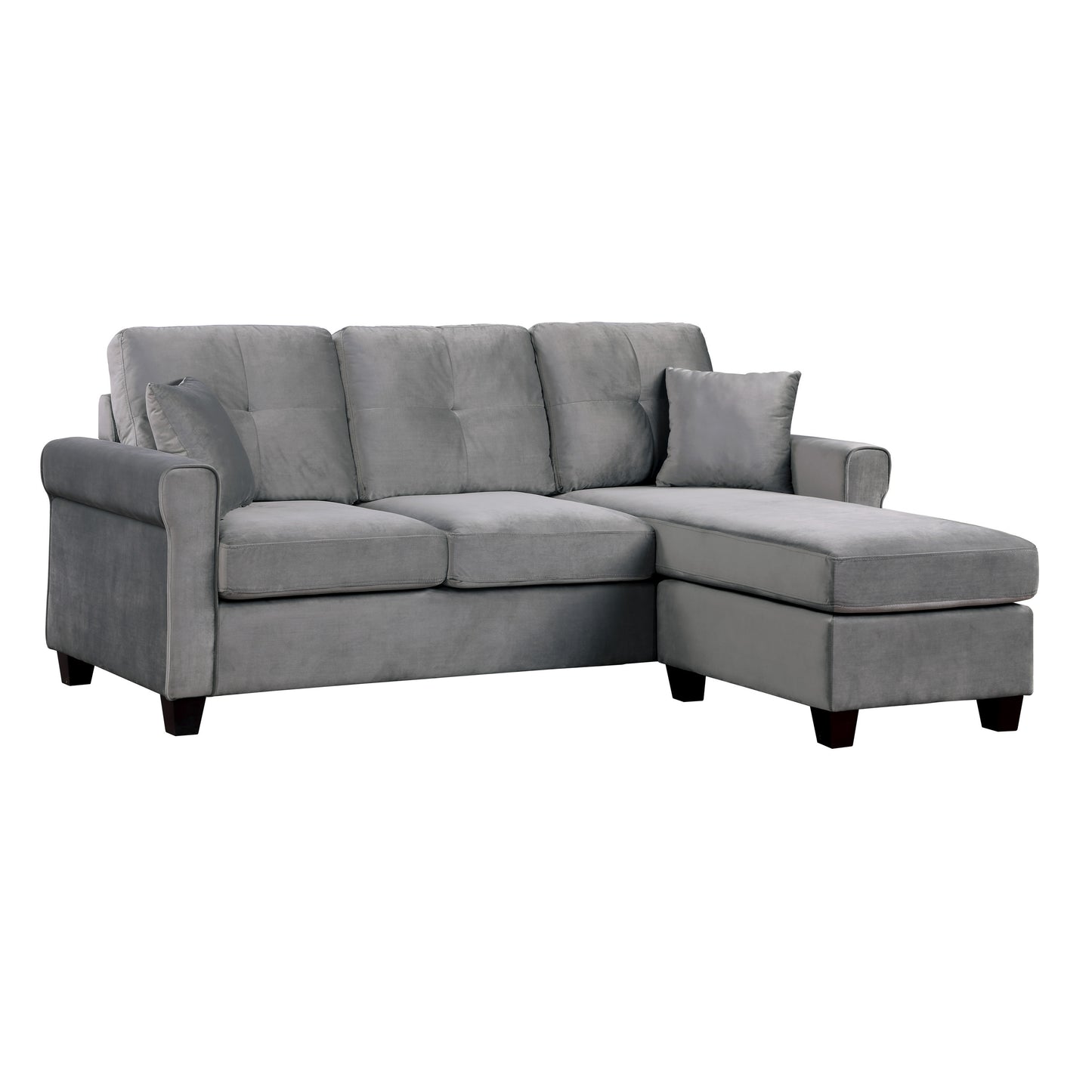 Reversible Config. 1pc Sectional Sofa, 2 Pillows, Gray Velvet Fabric, Tufted Back, Living Room Furniture