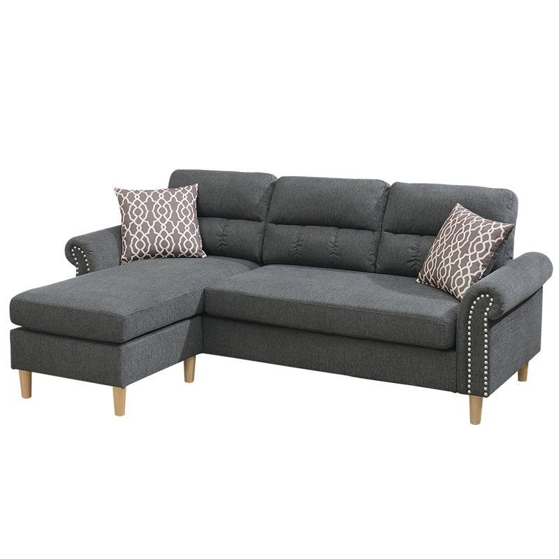 Slate Color Polyfiber Reversible Sectional Sofa Set with Chaise, Pillows, Plush Cushion, and Nailheads - Comfortable and Stylish Couch for Your Living Space