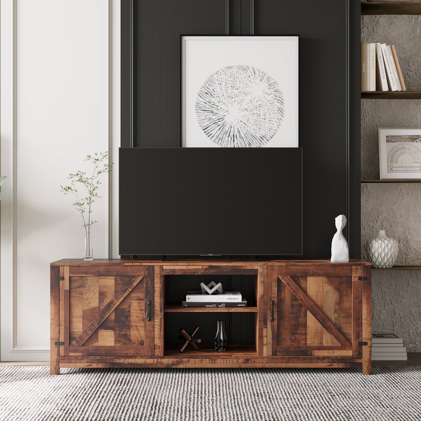 Farmhouse TV Stand,  Wood Entertainment Center Media Console with Storage