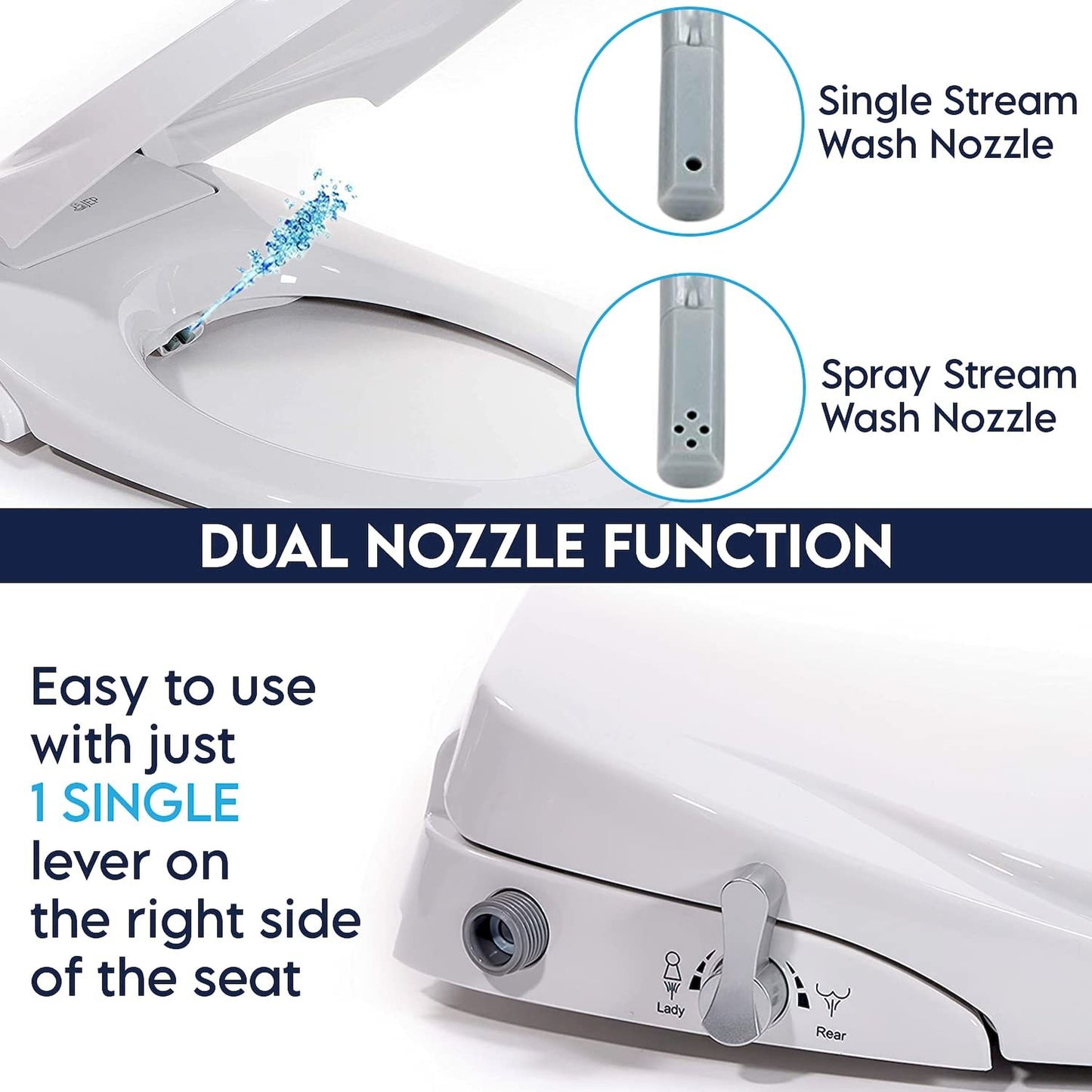 JEP Dual Nozzle Manual Bidet Toilet Seat for Elongated Toilets with Soft Close Seat and Cover | Bidet Seat for Rear & Feminine Cleaning, Easy to Install, Convenient, and Power Free