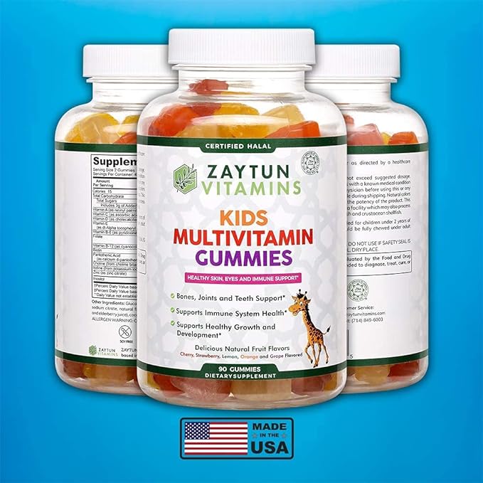 Zaytun Halal Kids Multivitamin Gummies | Natural Vitamins A, C, D, E, B6, B12, Biotin | Vegetarian, No Gelatin, No Gluten, No Dairy | Non-GMO | 90 Fruit Flavored Gummies