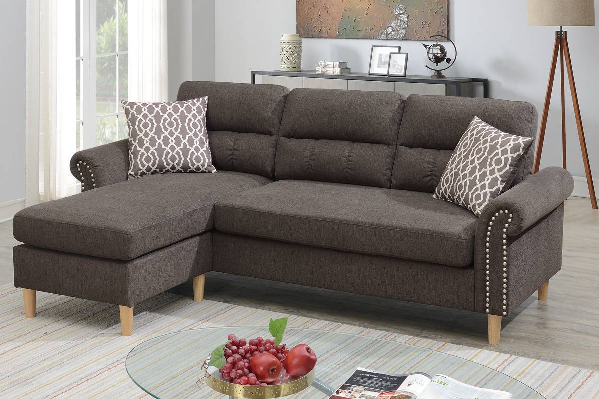 Tan Polyfiber Reversible Sectional Sofa Set with Chaise, Pillows, Plush Cushion, and Nailheads - Comfortable and Stylish Couch