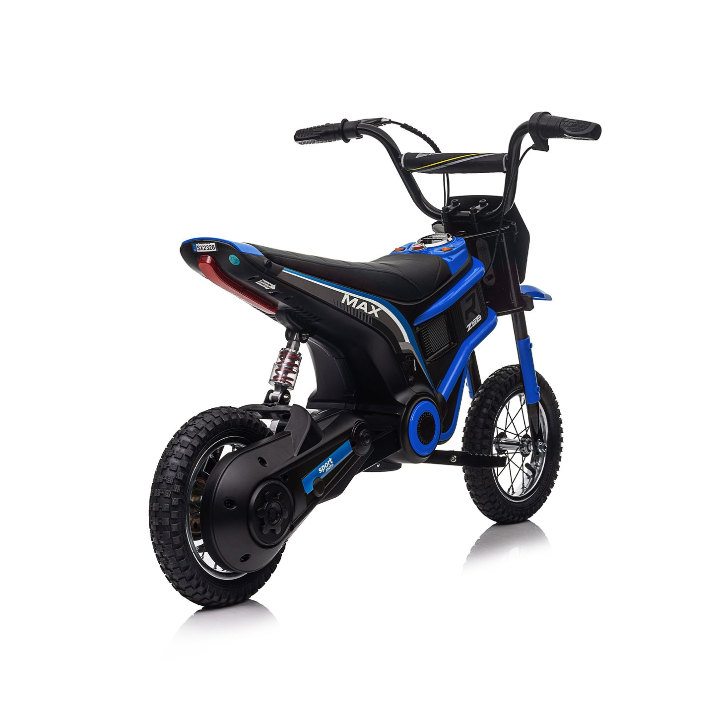 Kids Ride On 24V Electric Toy Motocross Motorcycle Dirt Bike - XXL Large, Age 8-12, Speeds up to 14.29MPH, Dual Suspension, Hand-Operated Dual Brakes, Twist Grip Throttle, Authentic Motocross Bike Geometry, Red & Blue.