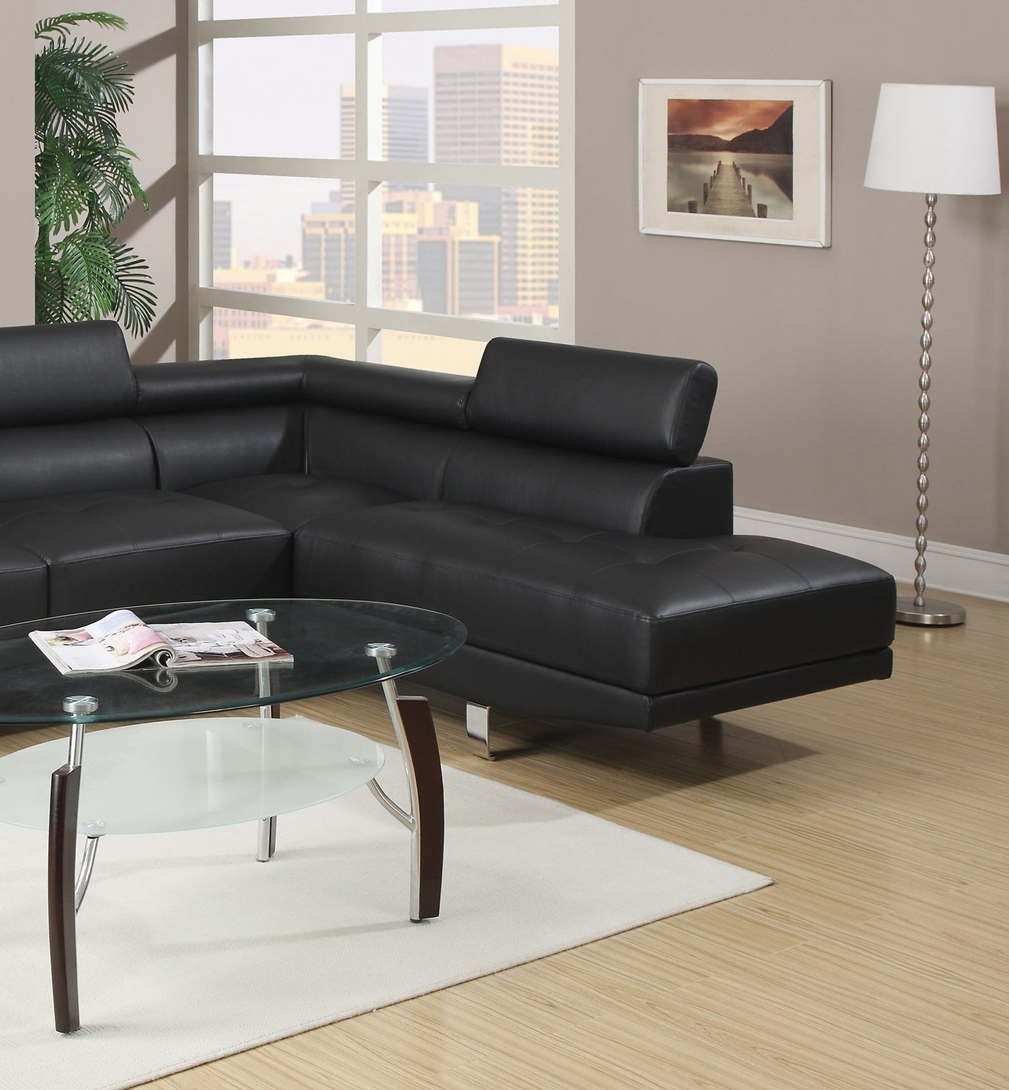 Black Faux Leather Sectional Living Room Furniture with Adjustable Headrest: Right Facing Chaise & Left Facing Sofa