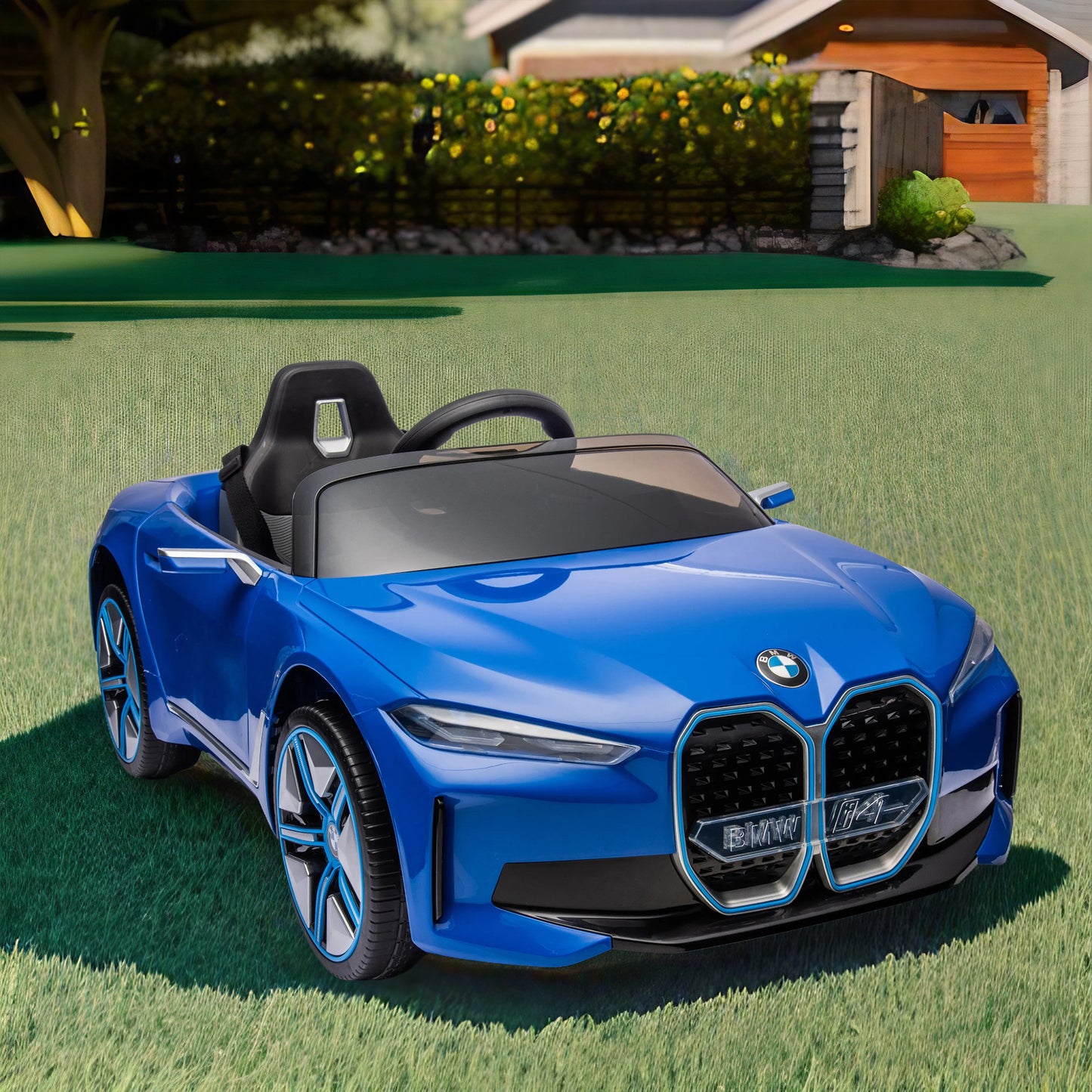 Licensed BMW I4, 12v Kids Ride-On Car with Remote Control - Electric Car for Kids, Three-Speed Adjustable, Power Display, USB, MP3, Bluetooth, LED Light, Two-Point Safety Belt, Story - Black