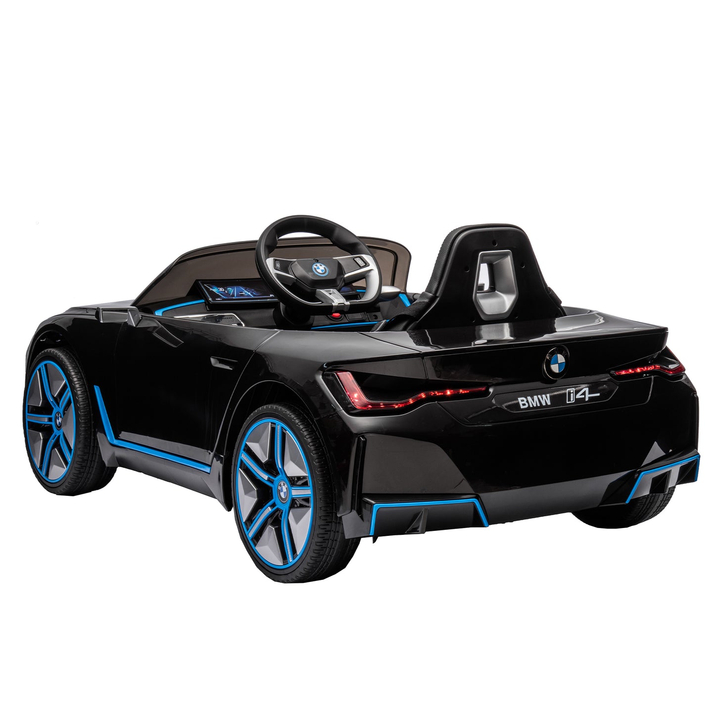 Licensed BMW I4, 12V Kids Ride On Car - 2.4G Remote Control, Electric Car for Kids - Three-Speed Adjustable, Power Display, USB, MP3, Bluetooth - LED Light, Two-Point Safety Belt, Story - Red