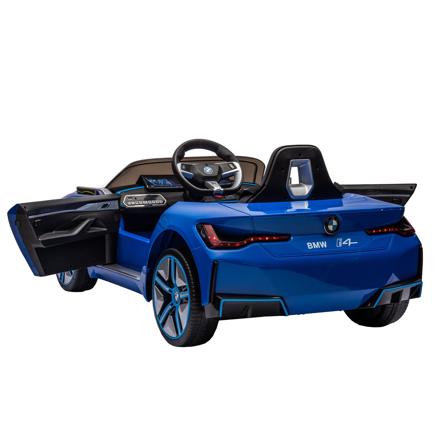 Licensed BMW I4, 12v Kids Ride-On Car with Remote Control - Electric Car for Kids, Three-Speed Adjustable, Power Display, USB, MP3, Bluetooth, LED Light, Two-Point Safety Belt, Story - Black