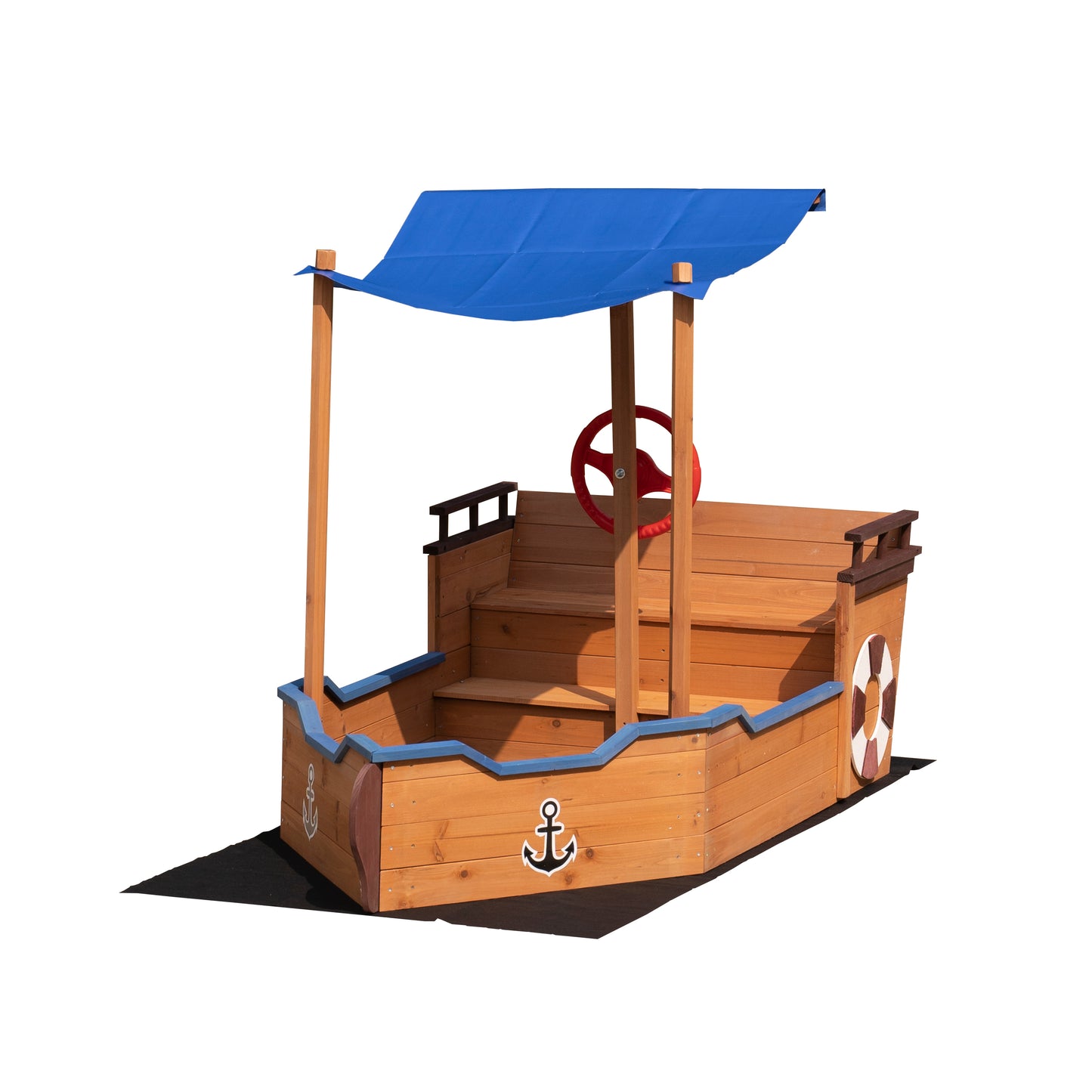 Outsunny Pirate Ship Sandbox: Wooden Sandbox with Storage Bench and Seat for Kids 3-8 Years Old, Outdoor Toy with Cover and Rudder - Colorful & Fun!