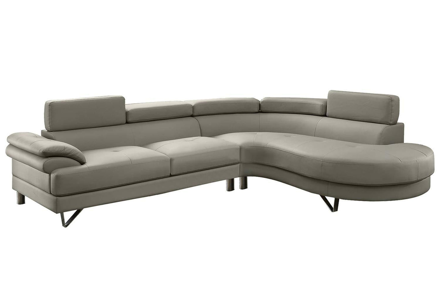 Living Room Furniture: Sectional Sofa 2pc Set, Grey Faux Leather, Flip-up Headrest