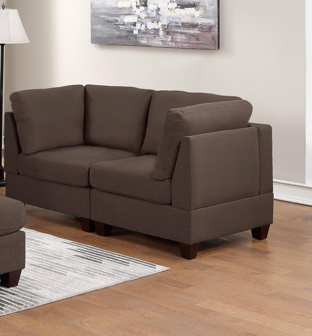 Modular 6pc Sofa Set: Living Room Furniture, Loveseat, Couch, Black Coffee Linen-Like Fabric, 4x Corner Wedge, 1x Armless Chair, 1x Ottoman