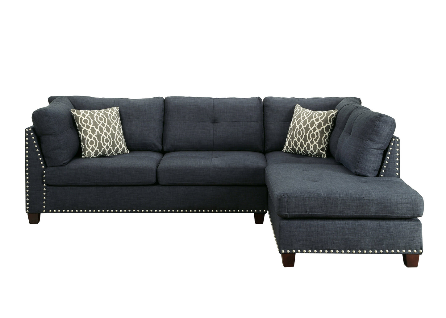 Laurissa Sectional Sofa & Ottoman in Dark Blue Linen - Comfortable & Stylish Furniture Set with 2 Pillows - 54365