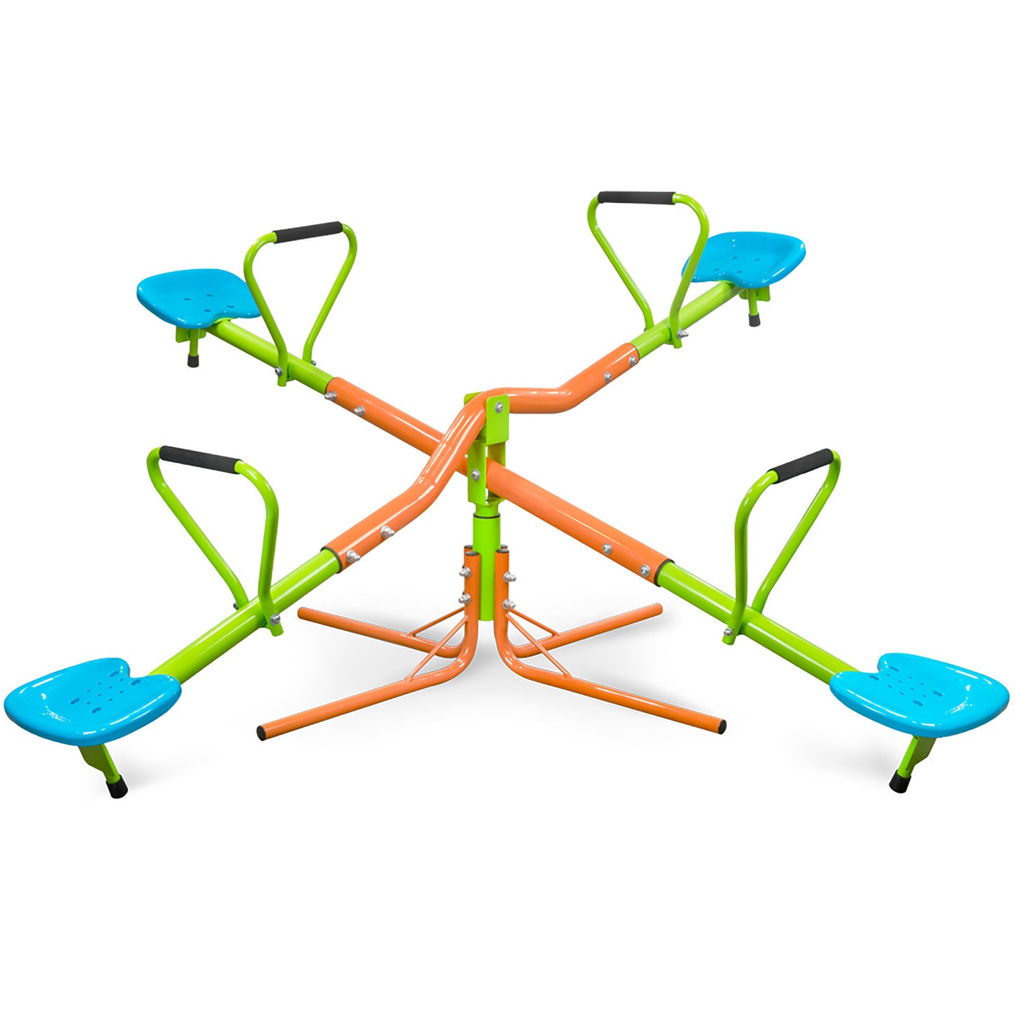 XSS004 Outdoor Playground Four Seats Seesaw for Kids - 360° Rotating Sturdy Plastic Seat, Blue/Green, Age 3+