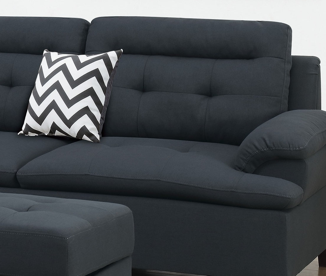 Living Room Furniture: Black Cushion Sectional with Ottoman in Linen-Like Fabric - Sofa Chaise